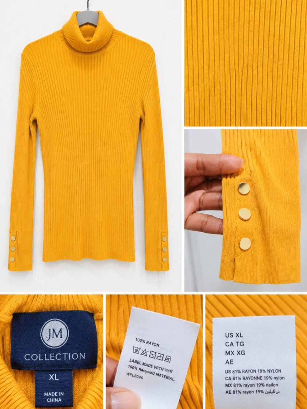 JM Collection Women's XL Ribbed Turtleneck Sweater Mustard Gold Button Stretch